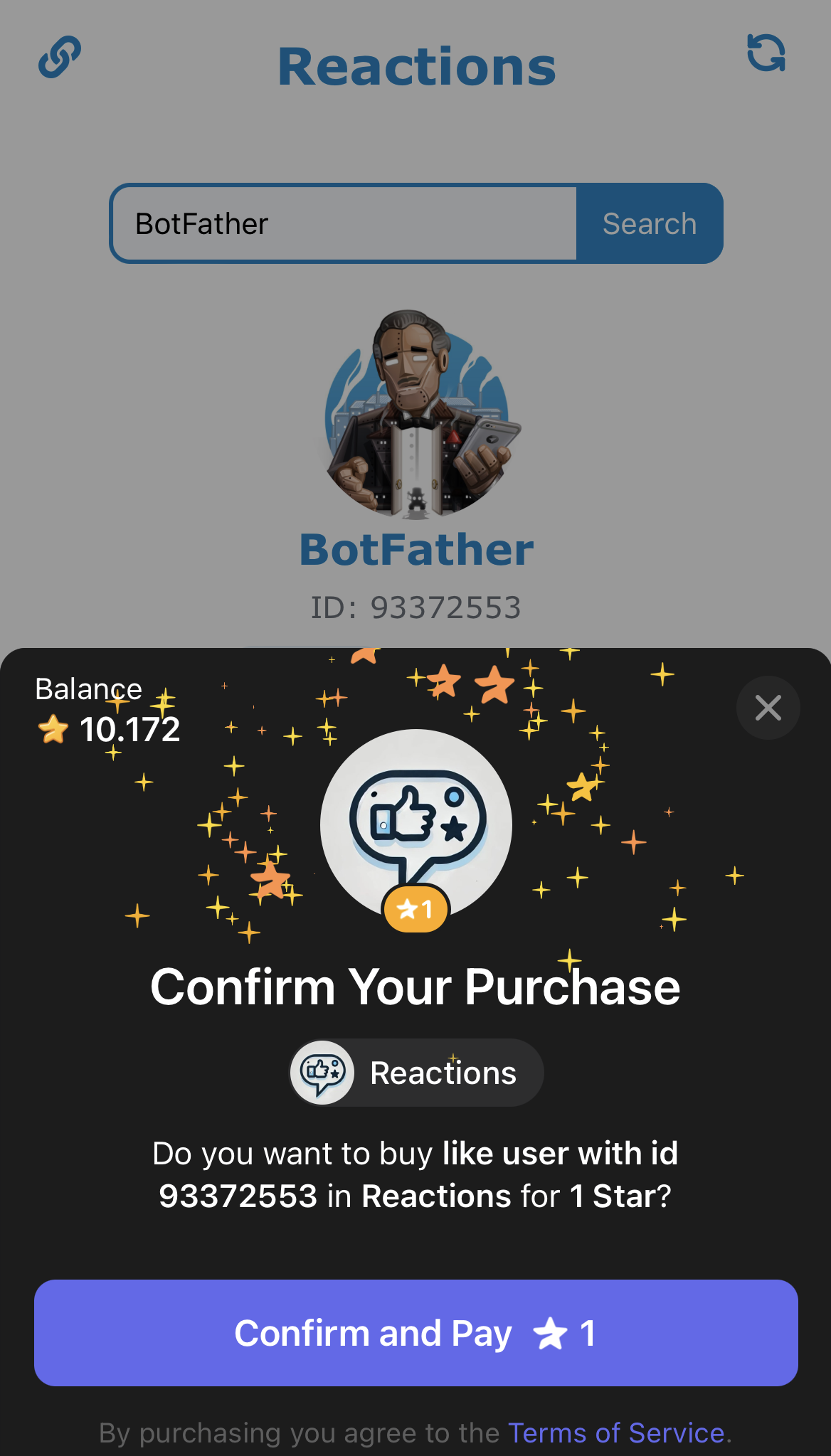 Purchasing 'Stars' to leave feedback in the Reactions Telegram bot
